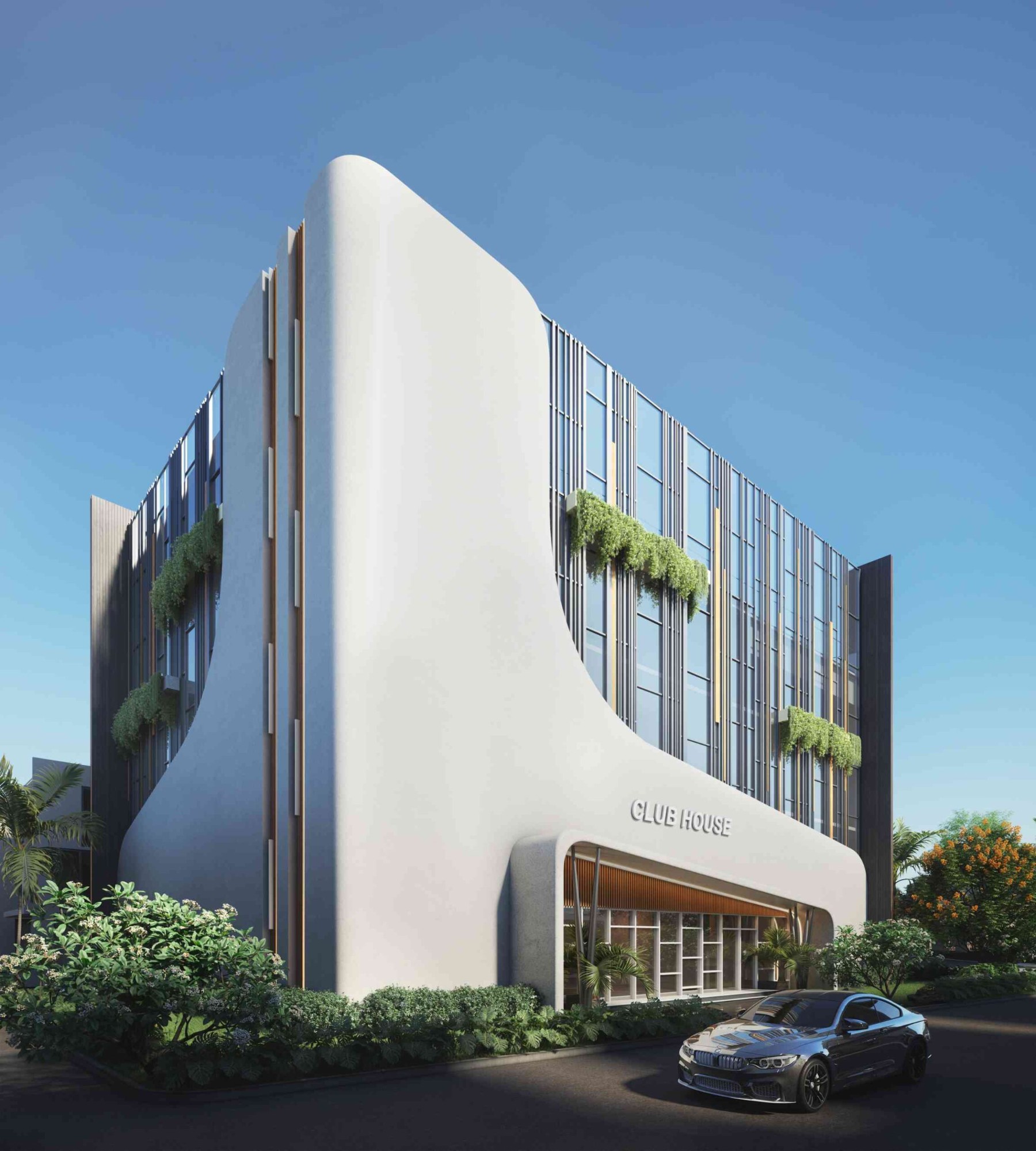 The clubhouse: a sweeping white curved facade over glazed, planted levels, with the Club House entrance canopy.