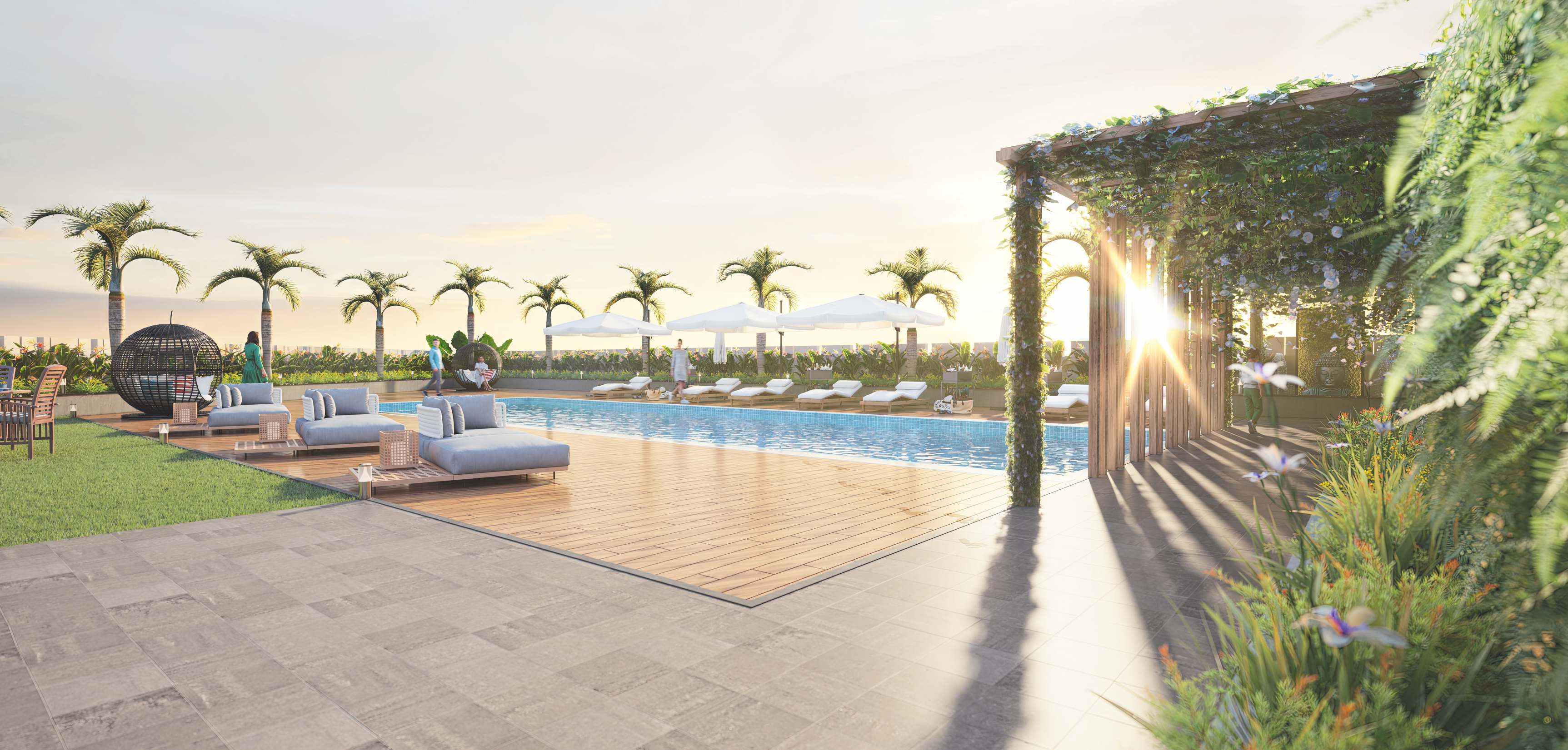 The rooftop pool with its deck and cabanas