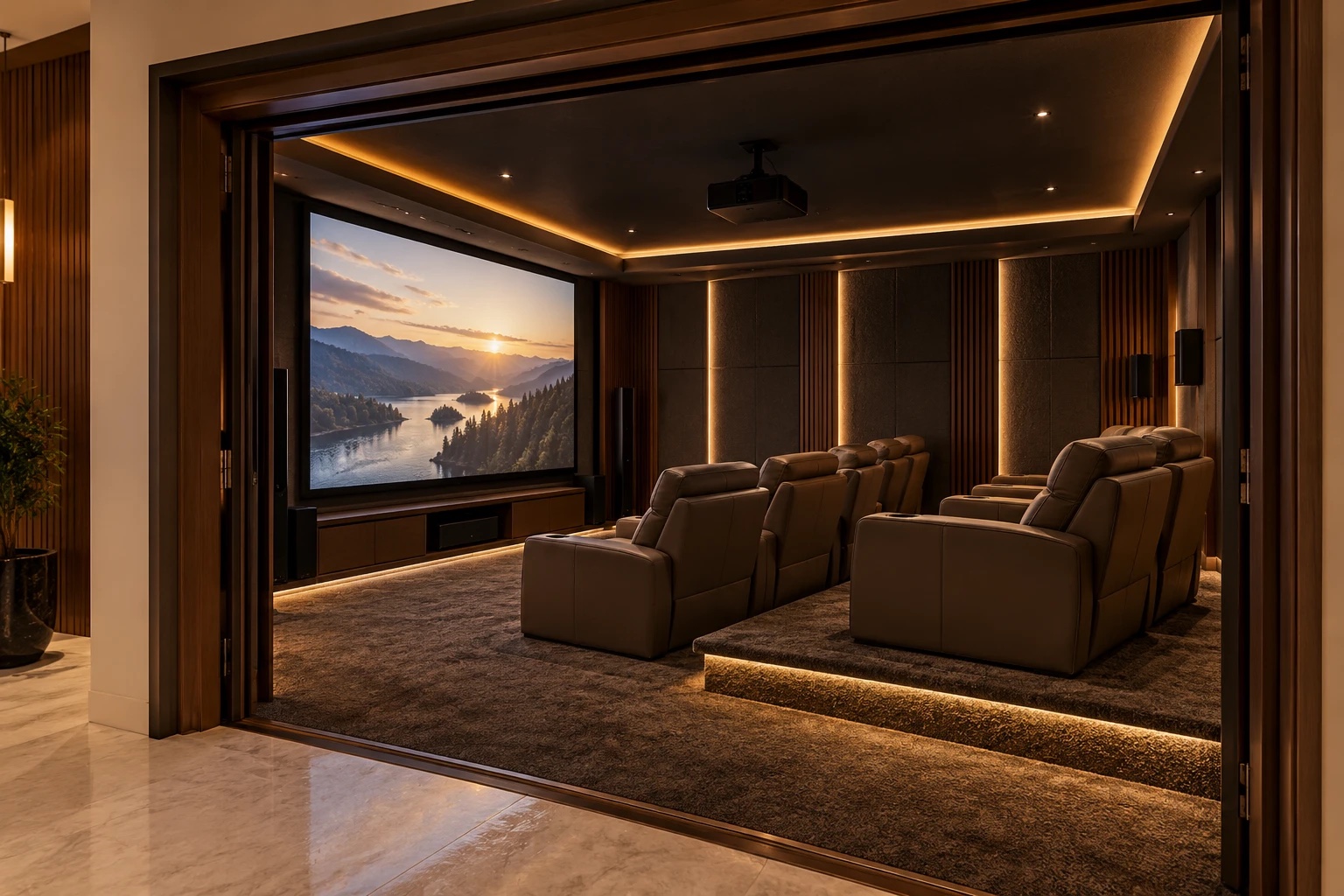 The home theatre: tiered leather recliners facing a large screen, with warm cove lighting.