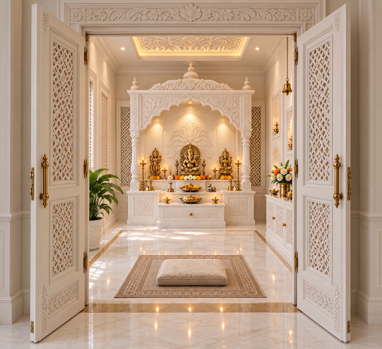 The puja room: carved white doors open onto a marble shrine with brass idols and lamps.