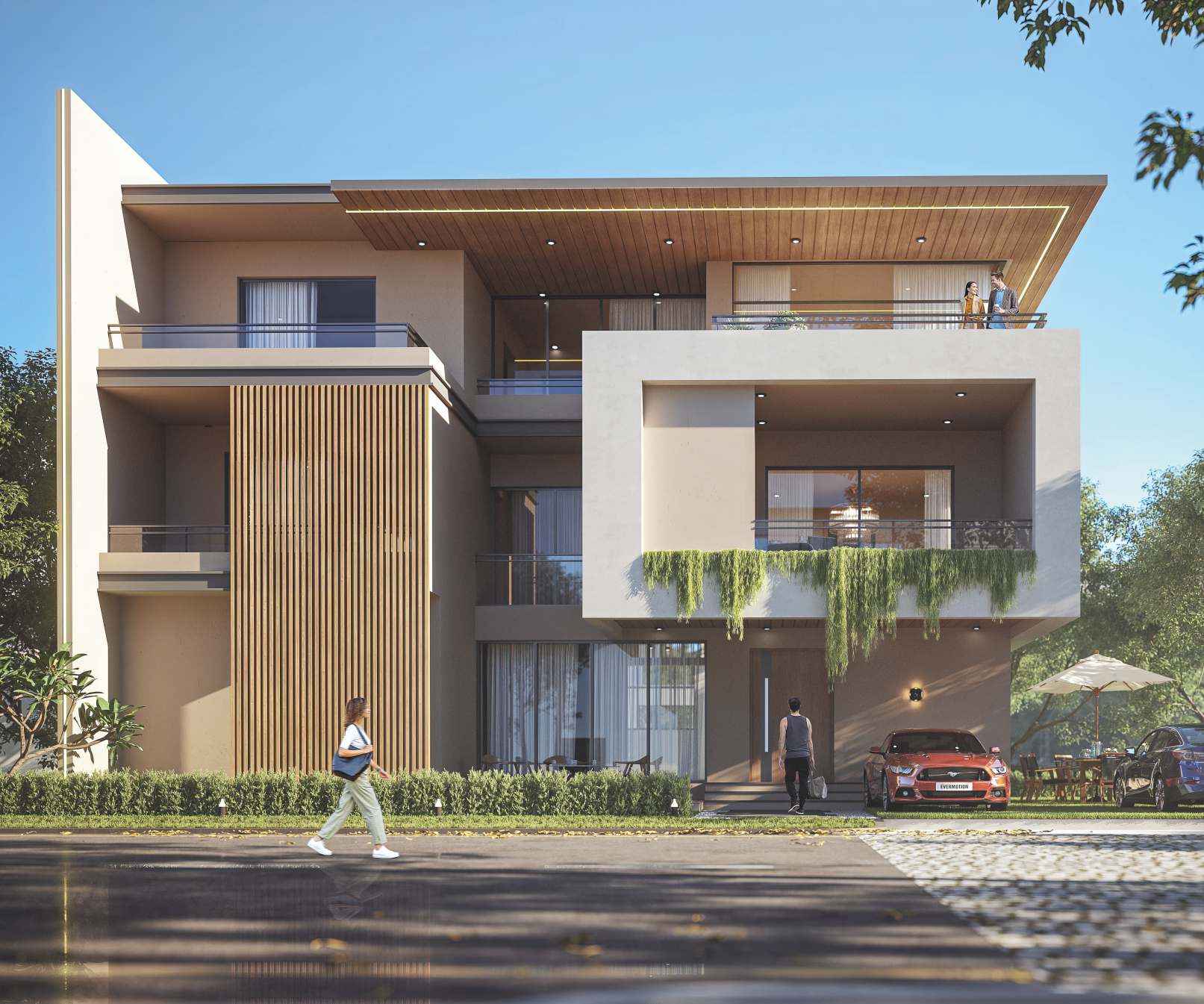 A villa frontage, with a neighbour walking past on the street