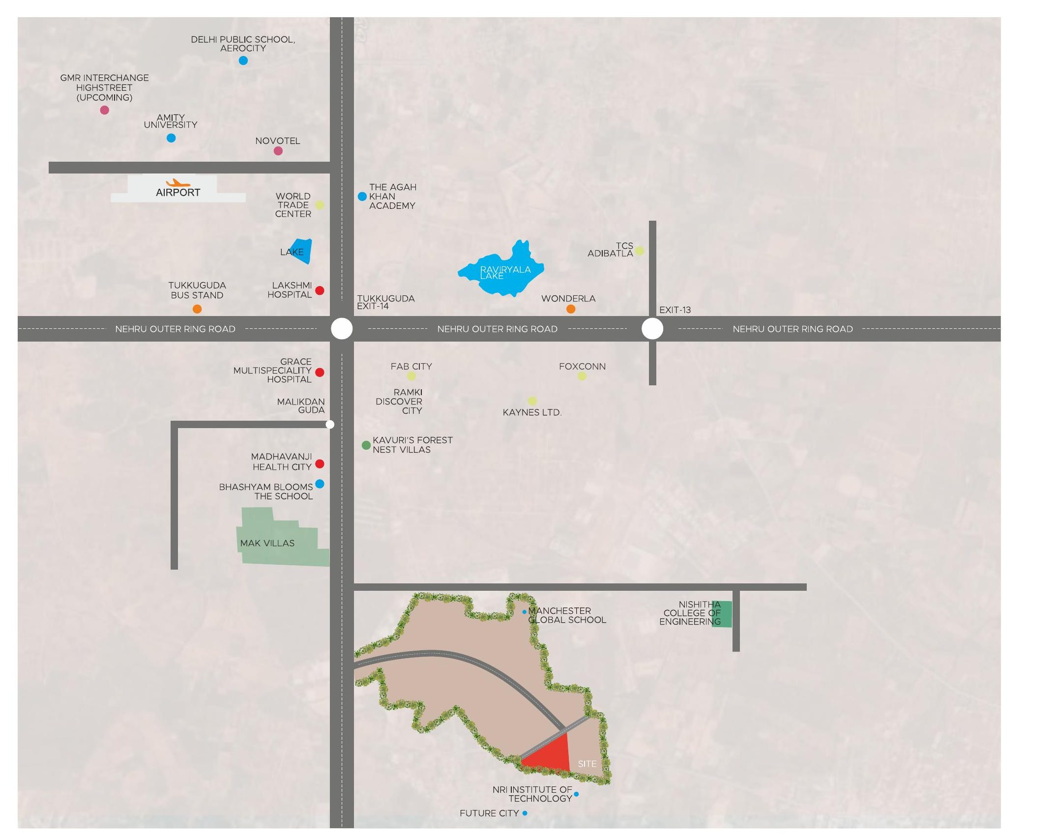 Location map: the site off Nehru ORR at Tukkuguda Exit-14, with the airport, Fab City, Foxconn, TCS Adibatla and the schools around it.