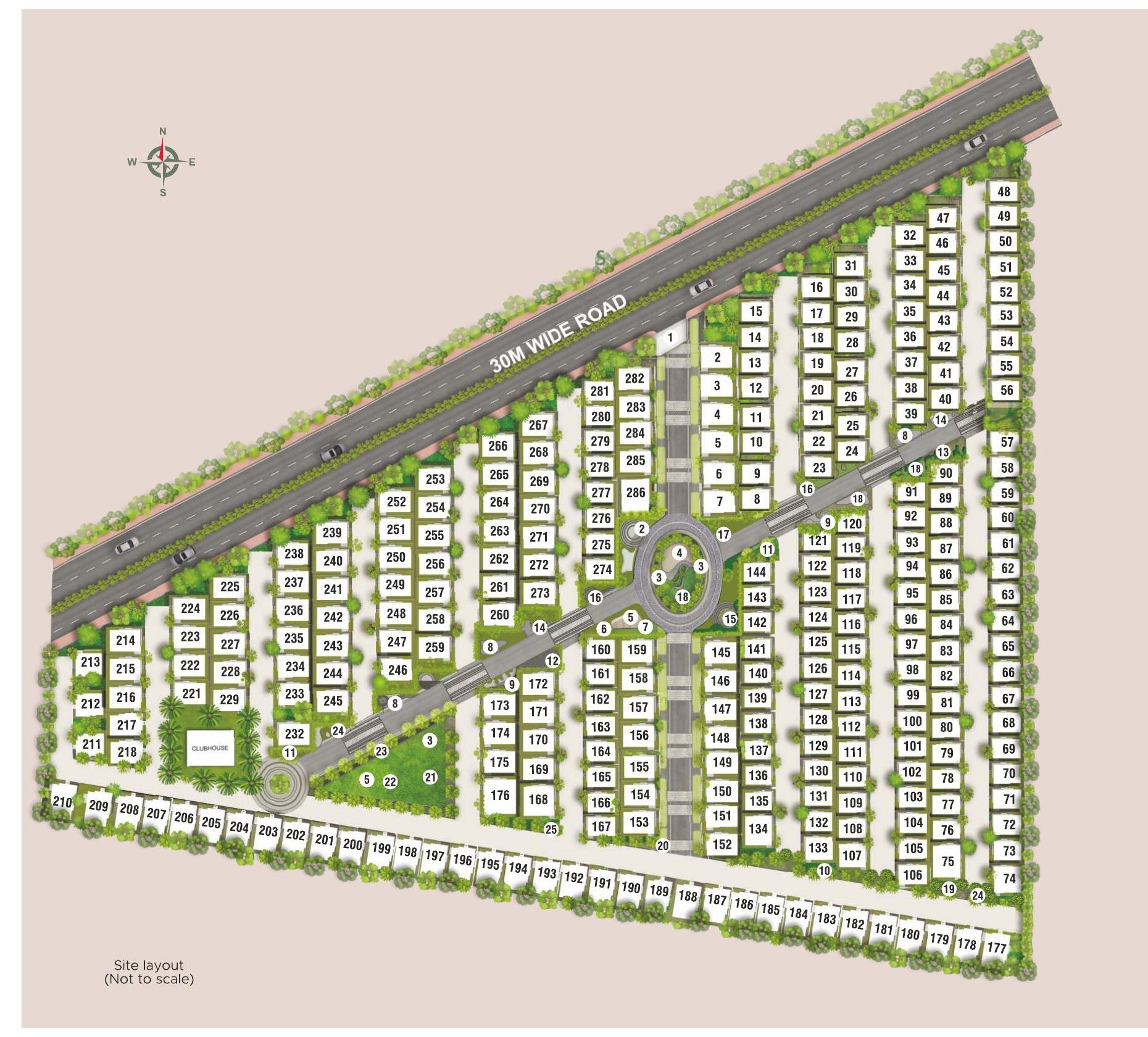 Site layout: numbered villa plots off the 30 m road, with the clubhouse to the west.