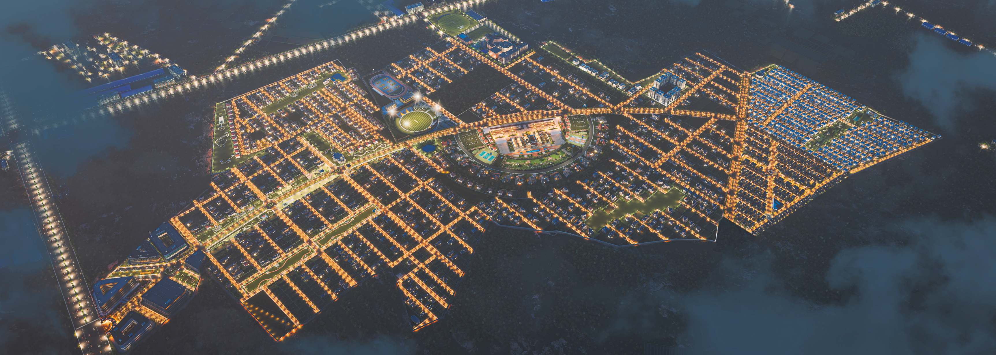 Greenrich Highlands township lit at night, with The Habitat's villa enclave inside it.