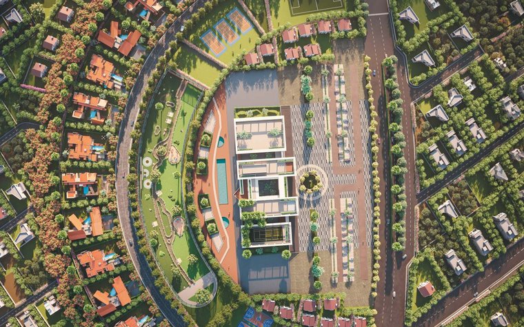 Aerial view of the proposed 11-acre private club, ringed by courts and villas