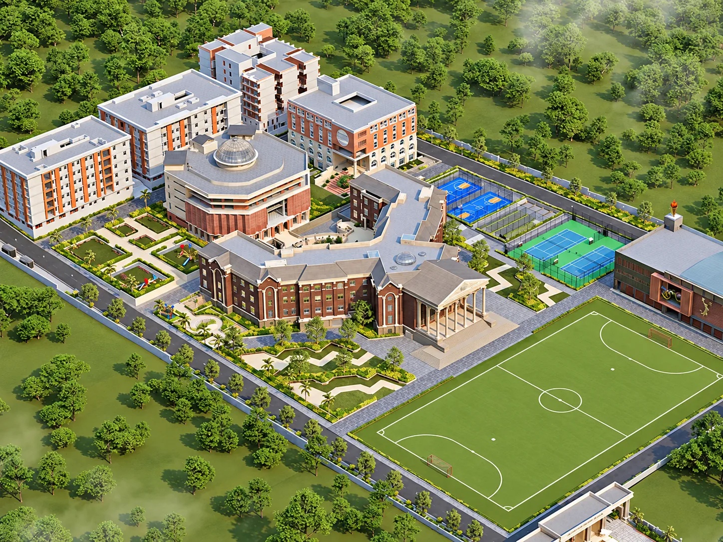 Aerial view of Manchester Global School: brick academic blocks, a football pitch and tennis courts, adjoining Highlands